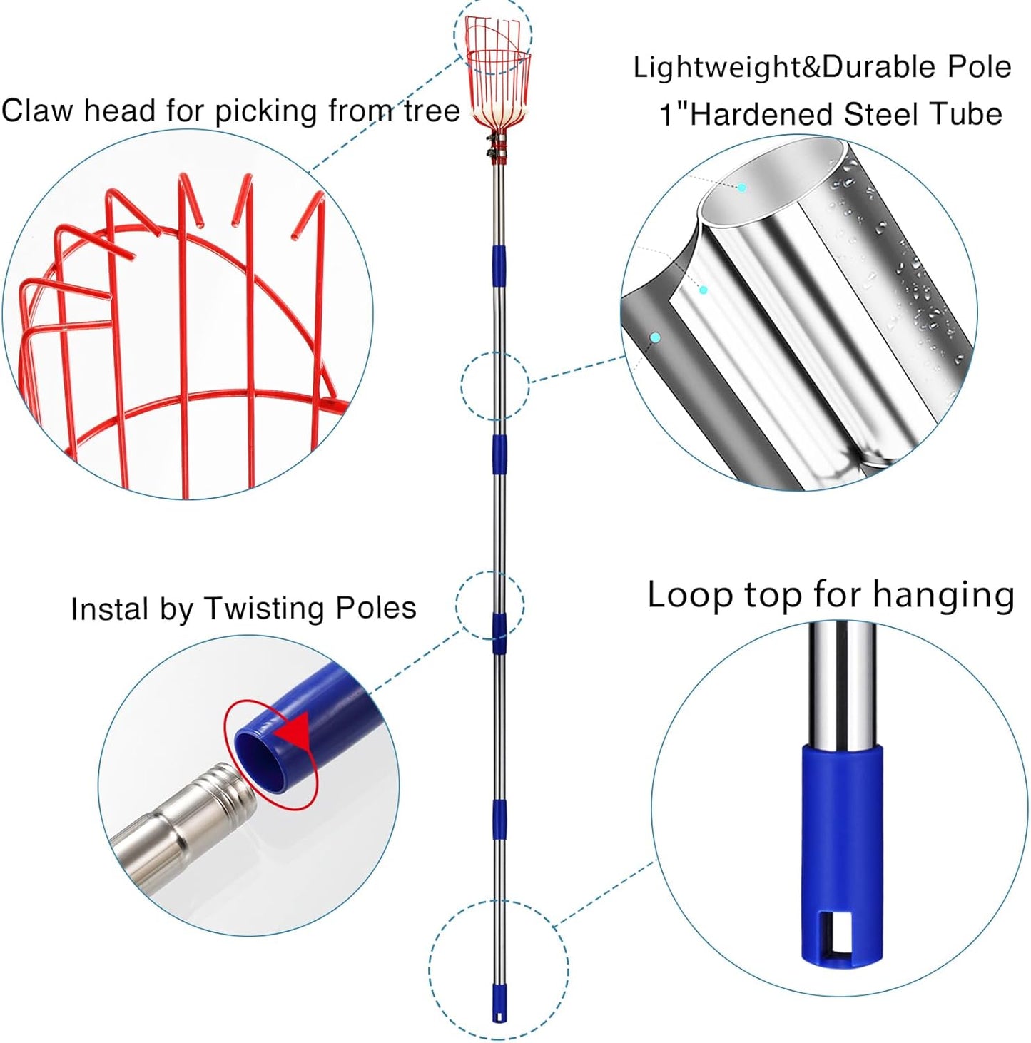 Fruit Picker Pole Tool with Basket Long Handle,Adjustable Apple Orange Picker Pole Tool with Basket for Avocado Acorn Lemon Pear Mango Tree Picker