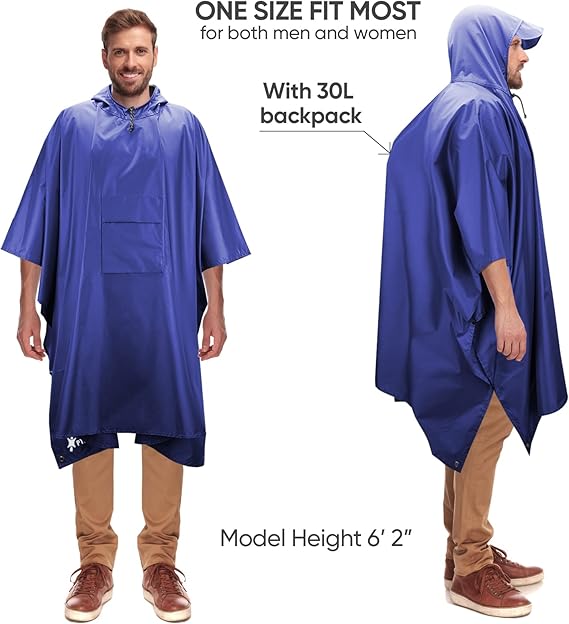 Hooded Rain Poncho for Adult with Pocket, Waterproof Lightweight Unisex Raincoat for Hiking Camping Emergency ,Blue