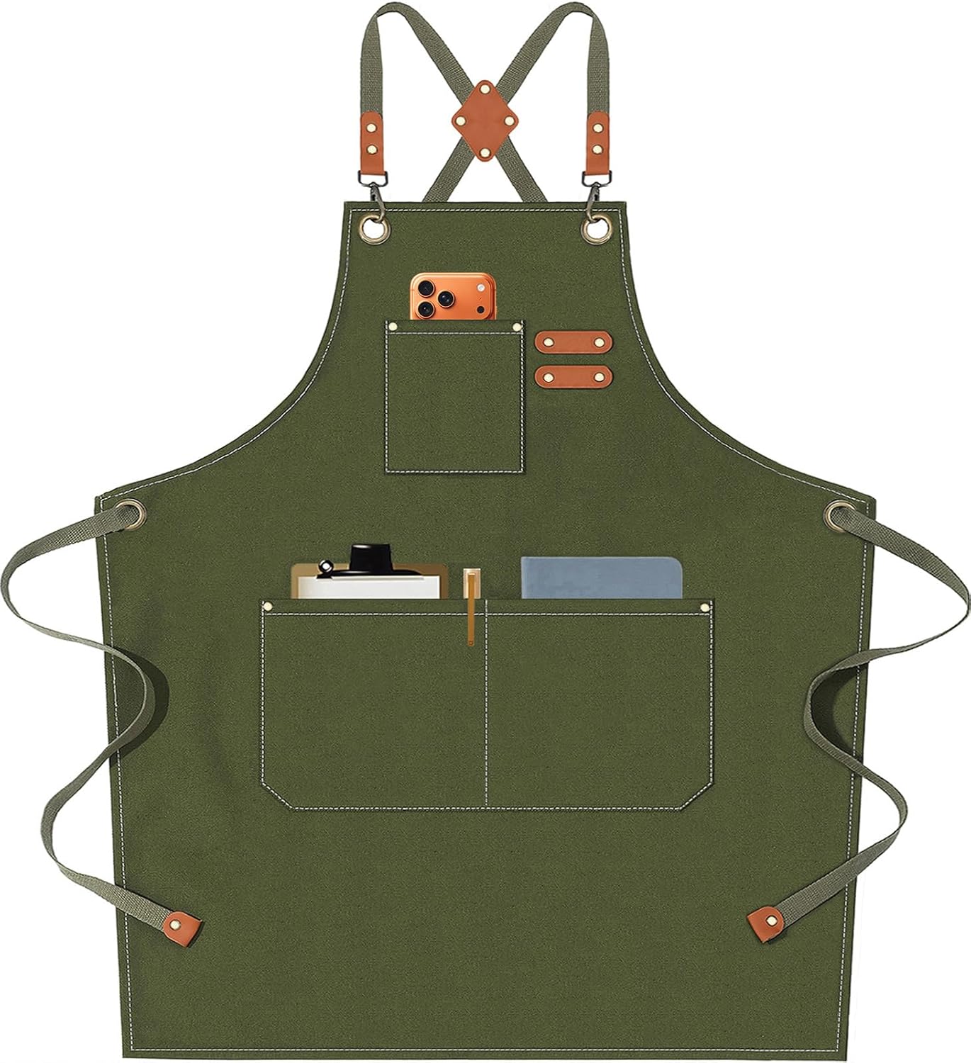 Chef Aprons for Men Women with Oversized Pockets,Cotton Canvas Cross Back Heavy Duty Work Apron,Army Green