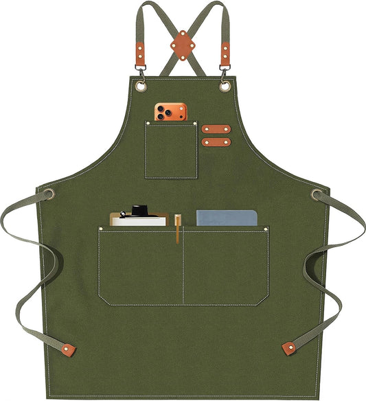 Chef Aprons for Men Women with Oversized Pockets,Cotton Canvas Cross Back Heavy Duty Work Apron,Army Green