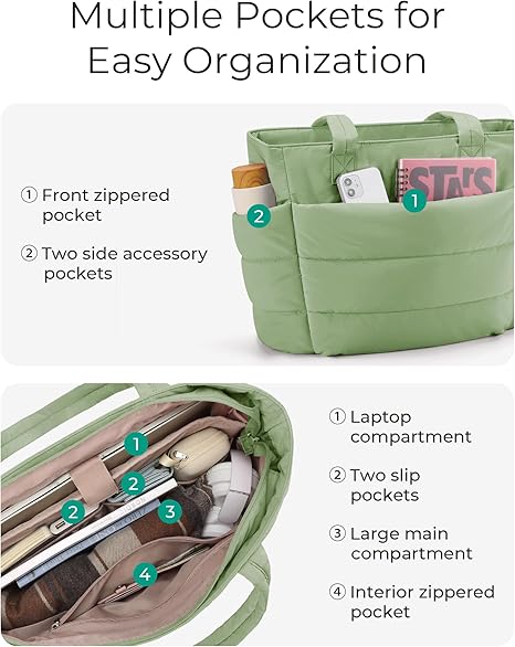 Tote Bag for Women, Lightweight Puffy Tote Bag with Compartments Shoulder Bag Handbag for Travel, Work, Gym | Lightweight, Puffy, Quilted