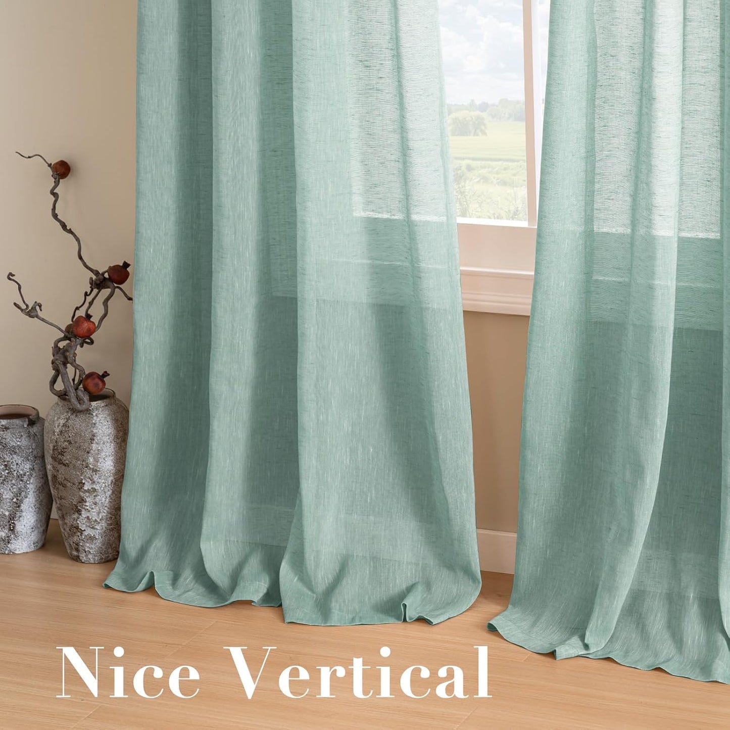 Natural Linen Sheer Curtains 2 Panels, Grommet Semitransparent Semi-Sheer Soft Comfort Privacy Drapes,Sage