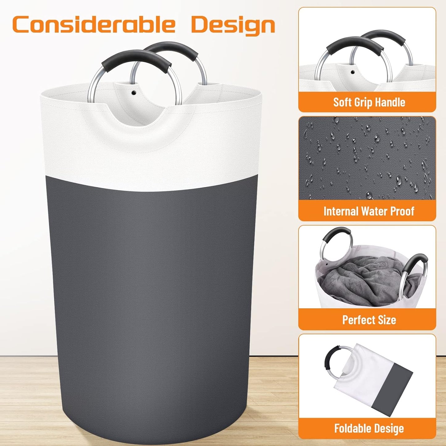 Large Laundry Basket Collapsible Tall With Handles Waterproof Travel Bathroom Essentials Storage For Dorm, Family (Grey),90L