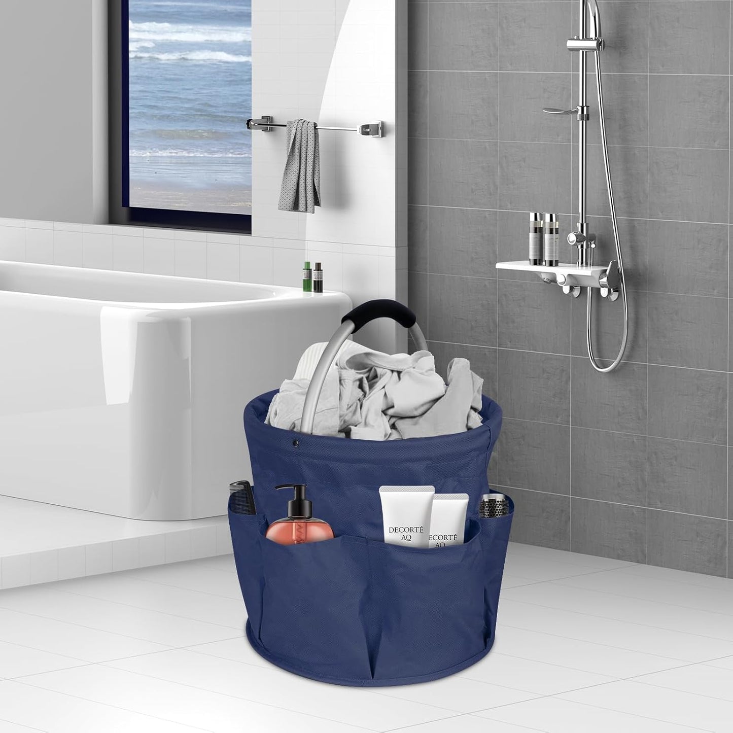 Collapsible Basket with Handles: Portable Picnic, Beach, Garden Harvest,Market Shopping Basket, Home Storage, Bathroom Organizer,Navy