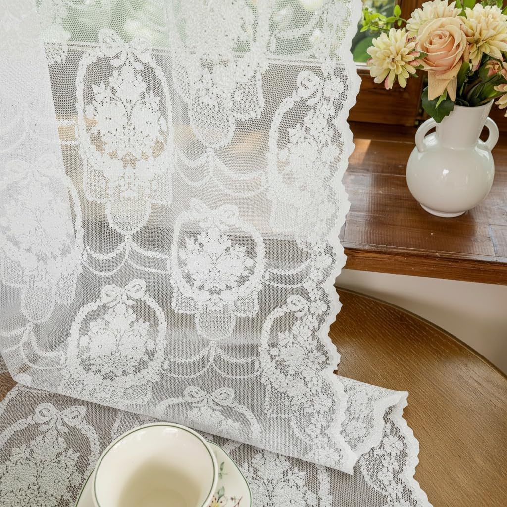 White Lace French Delicacy Curtains -Rod Pocket Luxury Vintage Bow Butterfly Flower Sheer Lace Curtains for Living Room Bedroom
