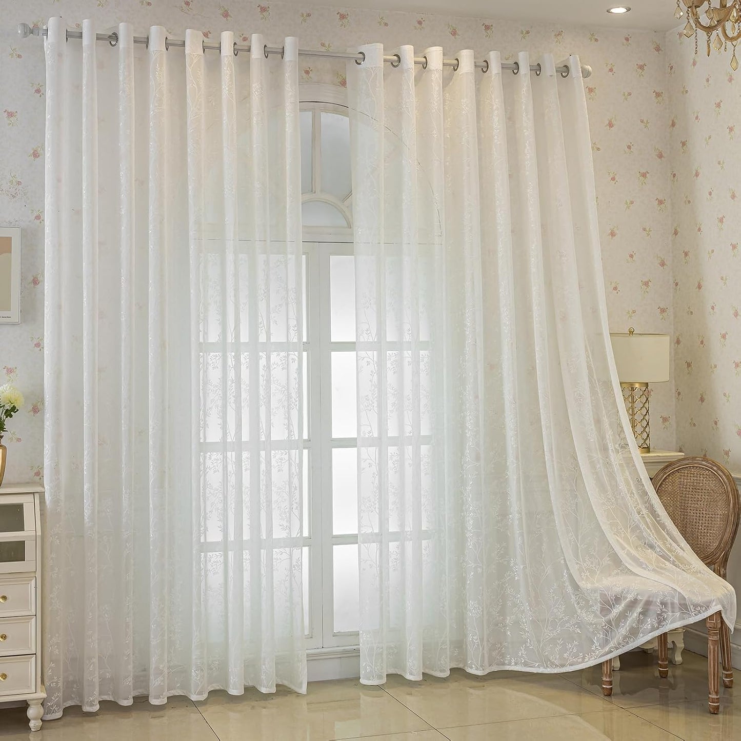 White Lace Sheer Curtains, Farmhouse Leaf Jacquard Grommet Window Curtain for Living Room/Bedroom, Voile Sheer Panel Drapes