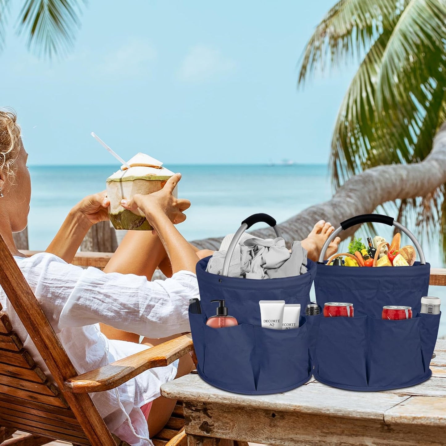 Collapsible Basket with Handles: Portable Picnic, Beach, Garden Harvest,Market Shopping Basket, Home Storage, Bathroom Organizer,Navy