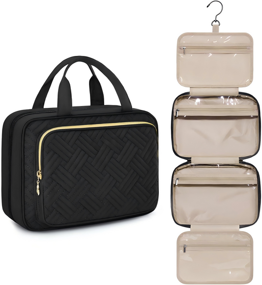 Toiletry Bag Hanging Travel Makeup Organizer, Transparent Cosmetic Bag Makeup Bag for Full Sized Toiletries, Black