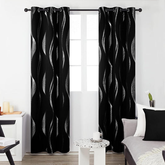 Silver Wave Print Blackout Curtains - Thermal Insulated & Noise‑Reducing Grommet Drapes for Bedroom & Living Room,  2 Panels ,Black