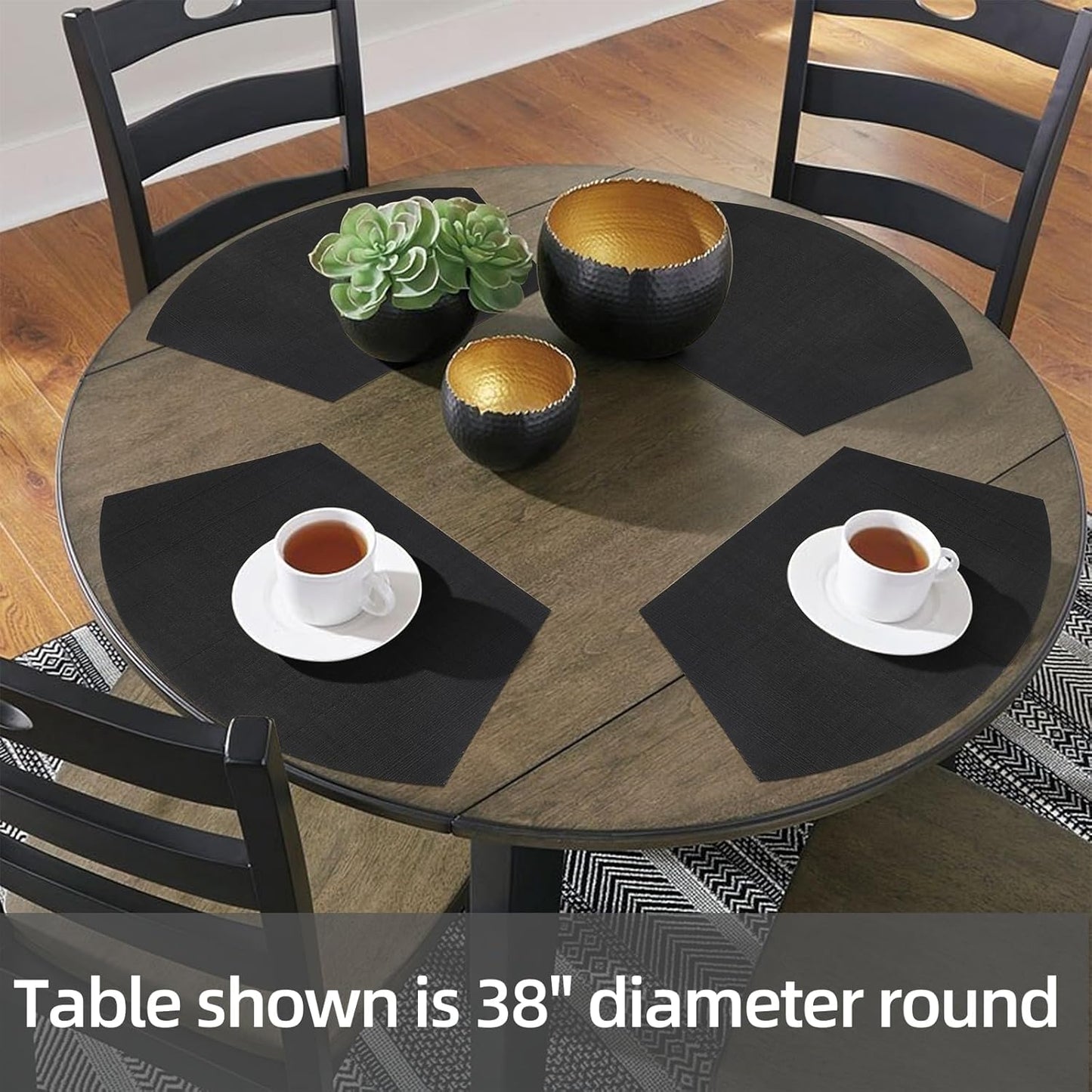 Round Table Placemats Set Wedge Shaped Place Mat with Centerpiece Round Mat Heat Resistant Table Mats Washable, Black