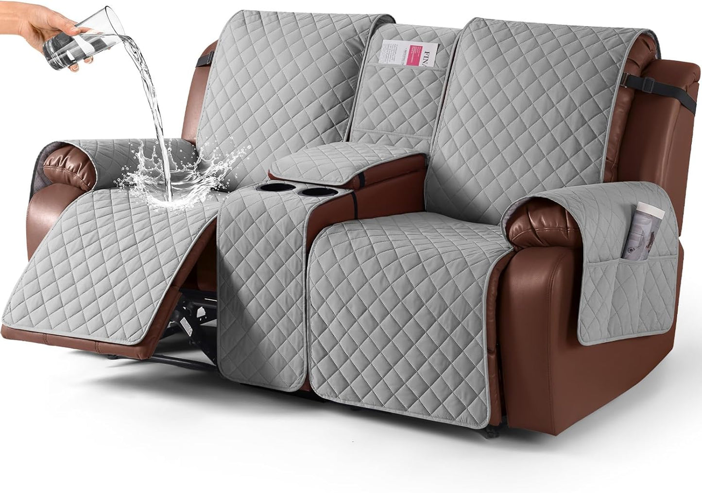 100%Waterproof  with Console, Non-Slip Reclining Couch Covers for 2 Seat, Recliner Sofa Cover Furniture Protector with Elastic Straps for Kids, Pets,Lightgrey