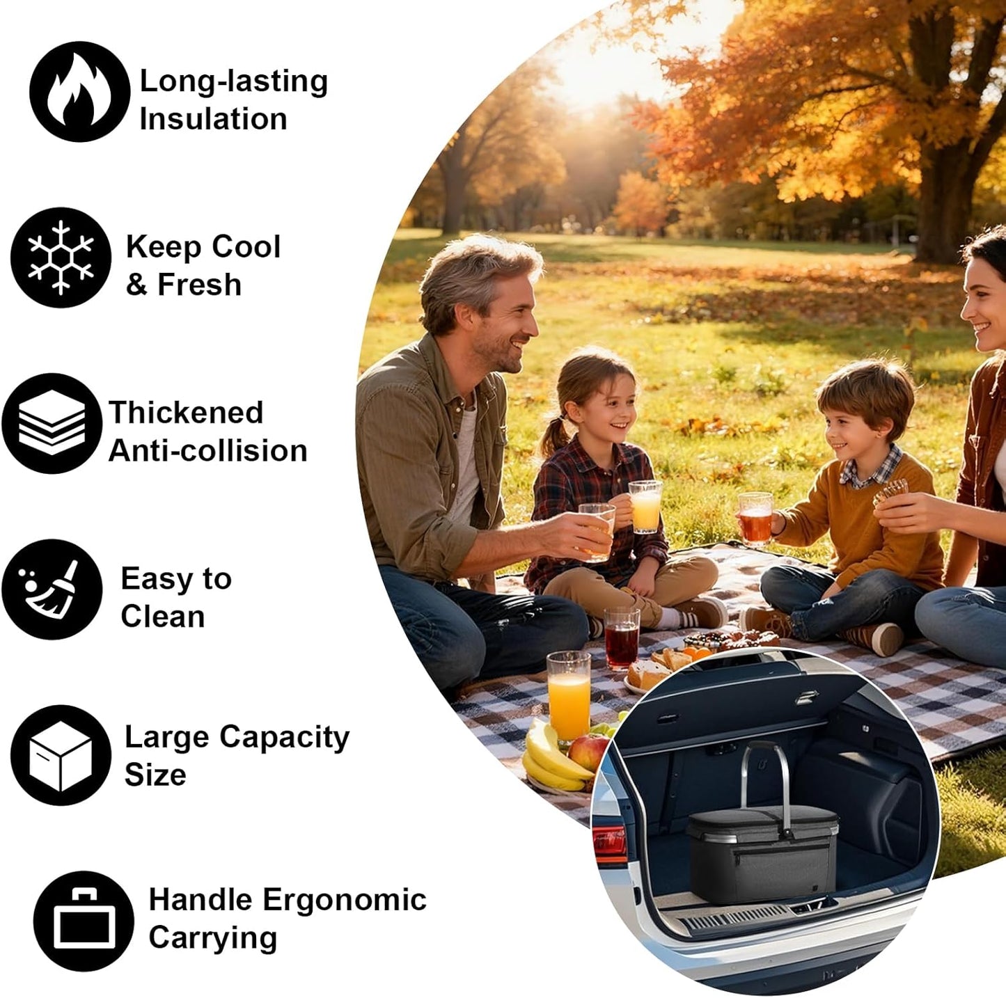 Picnic Basket Included 18L Insulated Cooler, Thickening Foldable Picnic Basket with Removable Baskets & Sewn-in Frame(Navy)