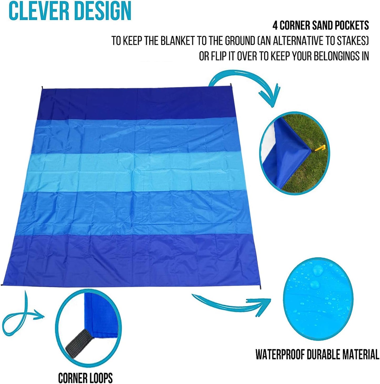 Extra Large Beach Blanket Waterproof Sandproof with 4 Stakes, Easy to Clean, Lightweight ,Fast