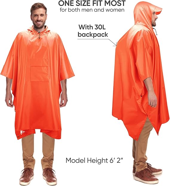 Hooded Rain Poncho for Adult with Pocket, Waterproof Lightweight Unisex Raincoat for Hiking Camping Emergency ,Orange