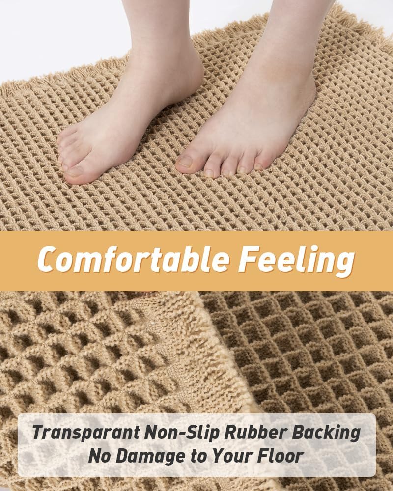 Waffle Bath Mat, Super Absorbent Non Slip Bath Mats for Bathroom Floor, Machine Washable Bathroom Rugs with Tassels,Ultra Soft,Brown