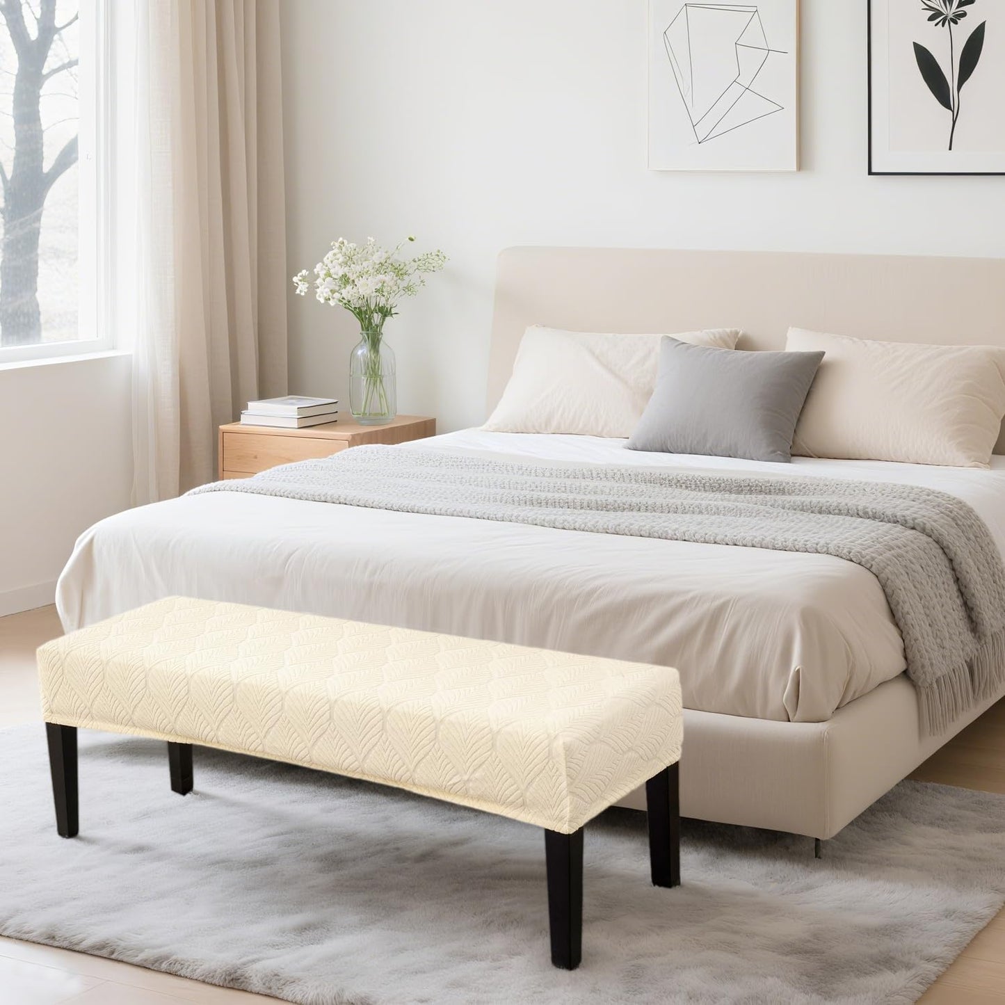 Dining Bench Cover Waterproof, Washable Long Bench Covers Slipcover, Stretch Rectangle Bench Seat Covers for Living Rooms, Bedroom, Kitchen, Piano Bench Cover, Beige