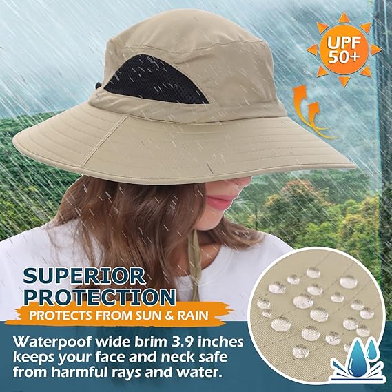 Unisex Sun Hat, Waterproof Wide Brim Bucket Hat Packable Boonie Hat for Fishing Hiking Gardening Safari Beach,Khaki