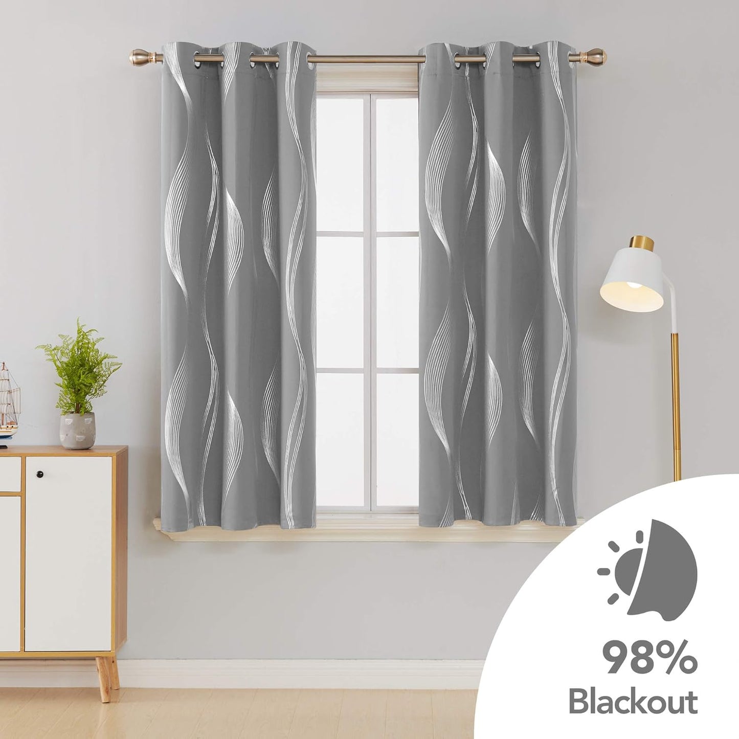 Silver Wave Print Blackout Curtains - Thermal Insulated & Noise‑Reducing Grommet Drapes for Bedroom & Living Room,  2 Panels ,Dove
