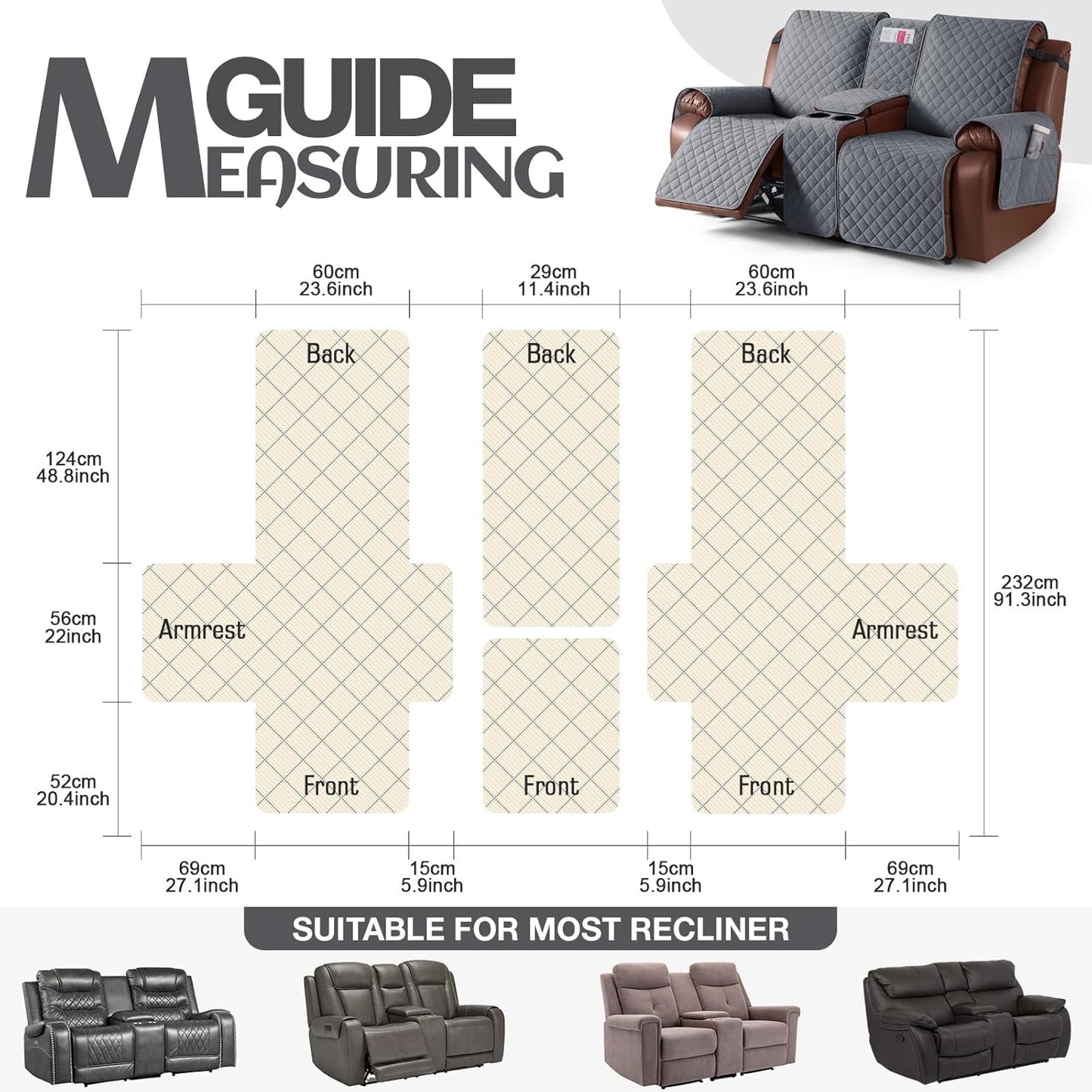 100%Waterproof  with Console, Non-Slip Reclining Couch Covers for 2 Seat, Recliner Sofa Cover Furniture Protector with Elastic Straps for Kids, Pets,Grey