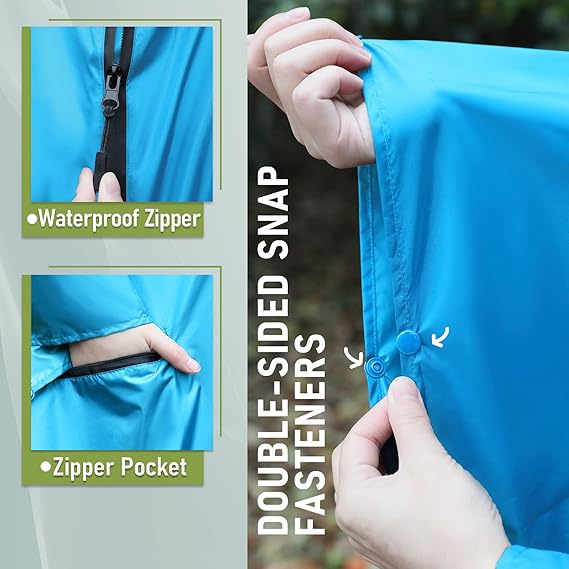 Unisex Rain Poncho Raincoat Hooded with Pockets&ZIpper ,Fashion,Beautiful, Durable, Lightweight,(Skyblue)