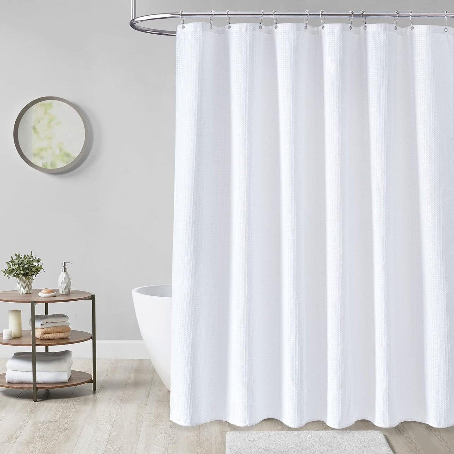 Fabric Shower Curtain - Waffle Weave Weighted Thick Cloth Shower Curtains for Bathroom, Hotel Spa Luxury Bath Curtain Set with 10 Hooks,White