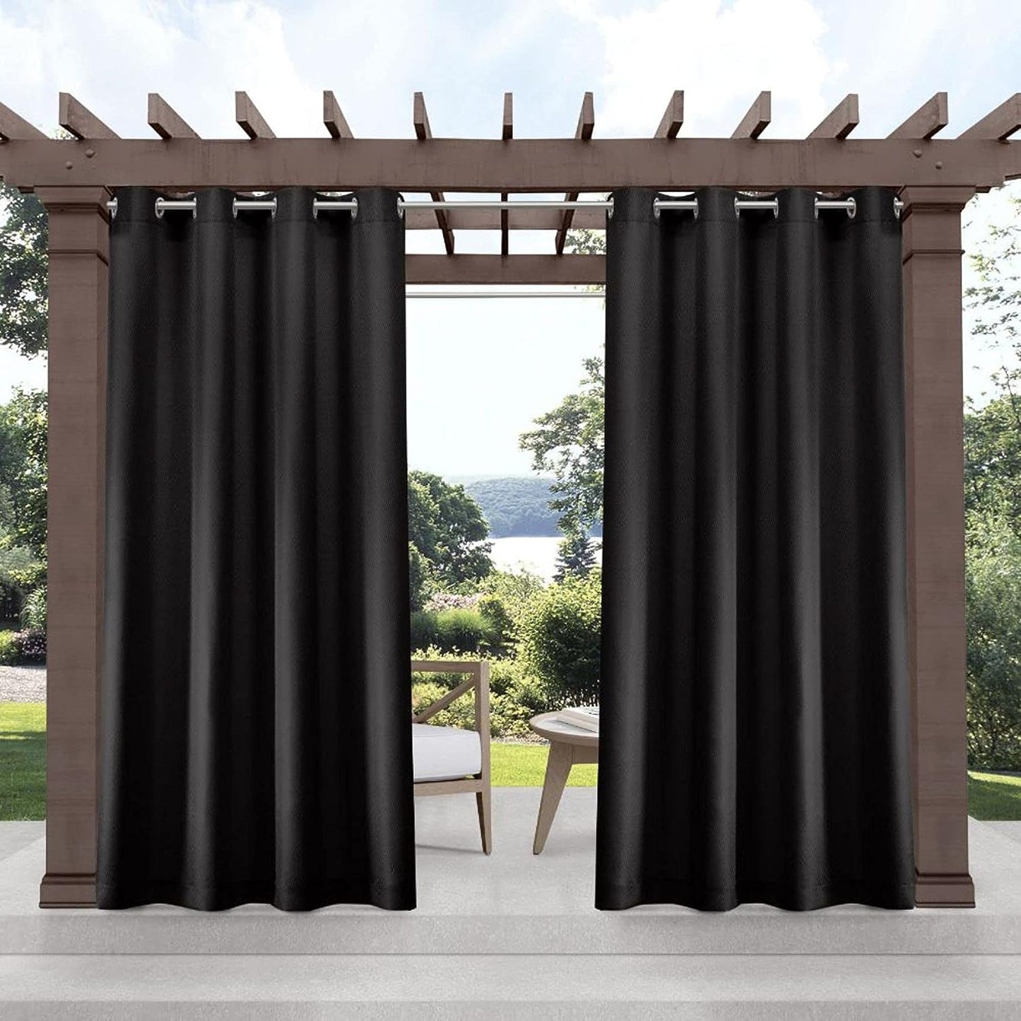 2 Pieces Solid Indoor/Outdoor Light Filtering,Waterproof Grommet Top Curtain Panel, Black