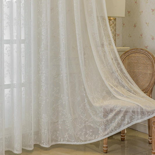 White Lace Sheer Curtains, Farmhouse Leaf Jacquard Grommet Window Curtain for Living Room/Bedroom, Voile Sheer Panel Drapes