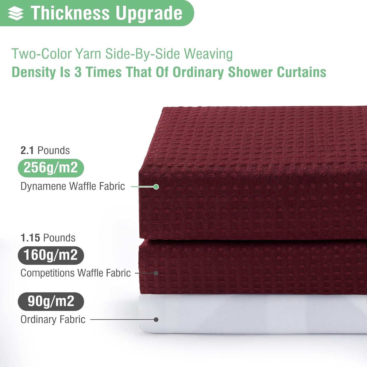 Fabric Shower Curtain - Waffle Weave Weighted Thick Cloth Shower Curtains for Bathroom, Hotel Spa Luxury Bath Curtain Set with 10 Hooks,Burgundy