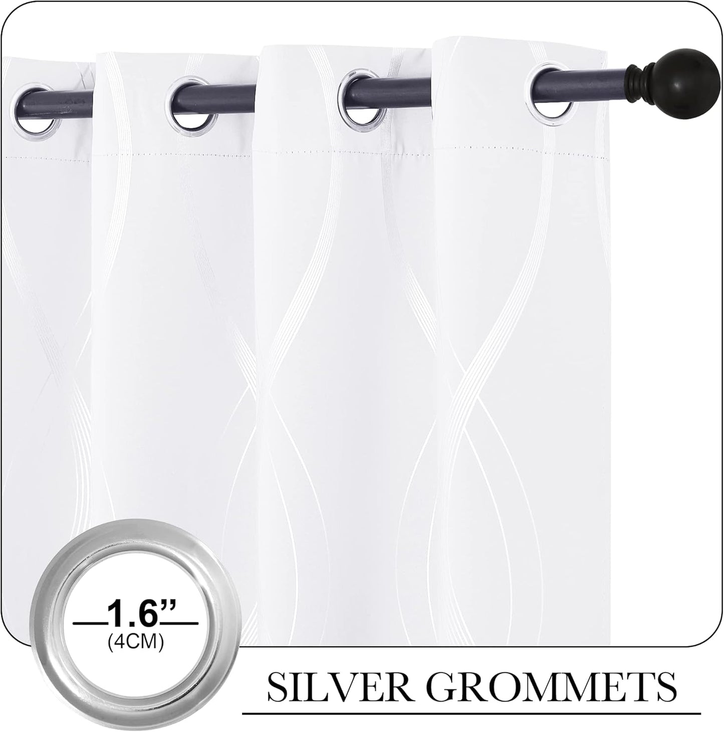 Silver Wave Print Blackout Curtains - Thermal Insulated & Noise‑Reducing Grommet Drapes for Bedroom & Living Room,  2 Panels ,White
