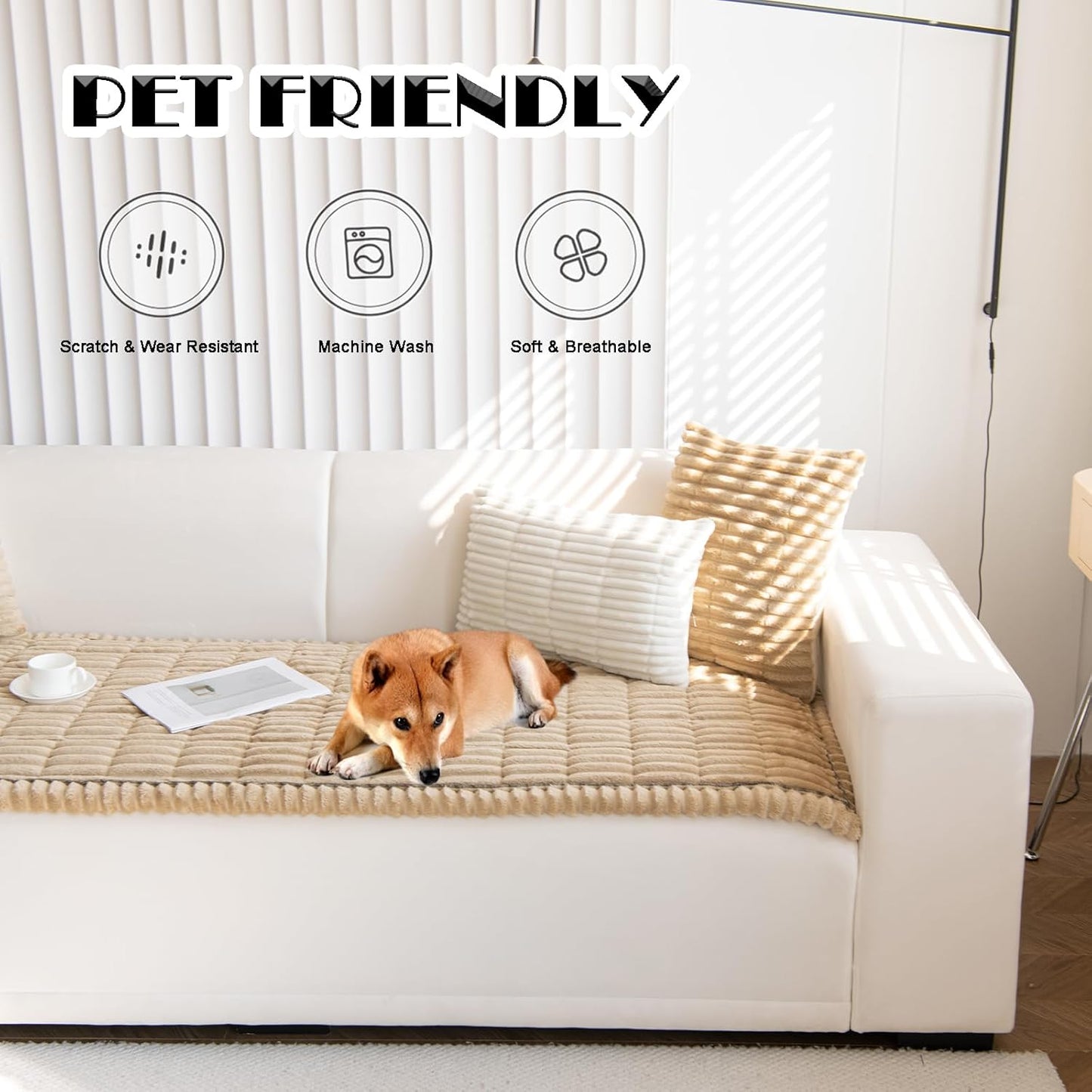 Couch Cover for Dogs Washable, Non Slip Fuzzy Pet Couch Covers for 3 Cushion Sofa Pet Friendly, Thick Soft Sofa Slipcovers Cushion Protector, Sand