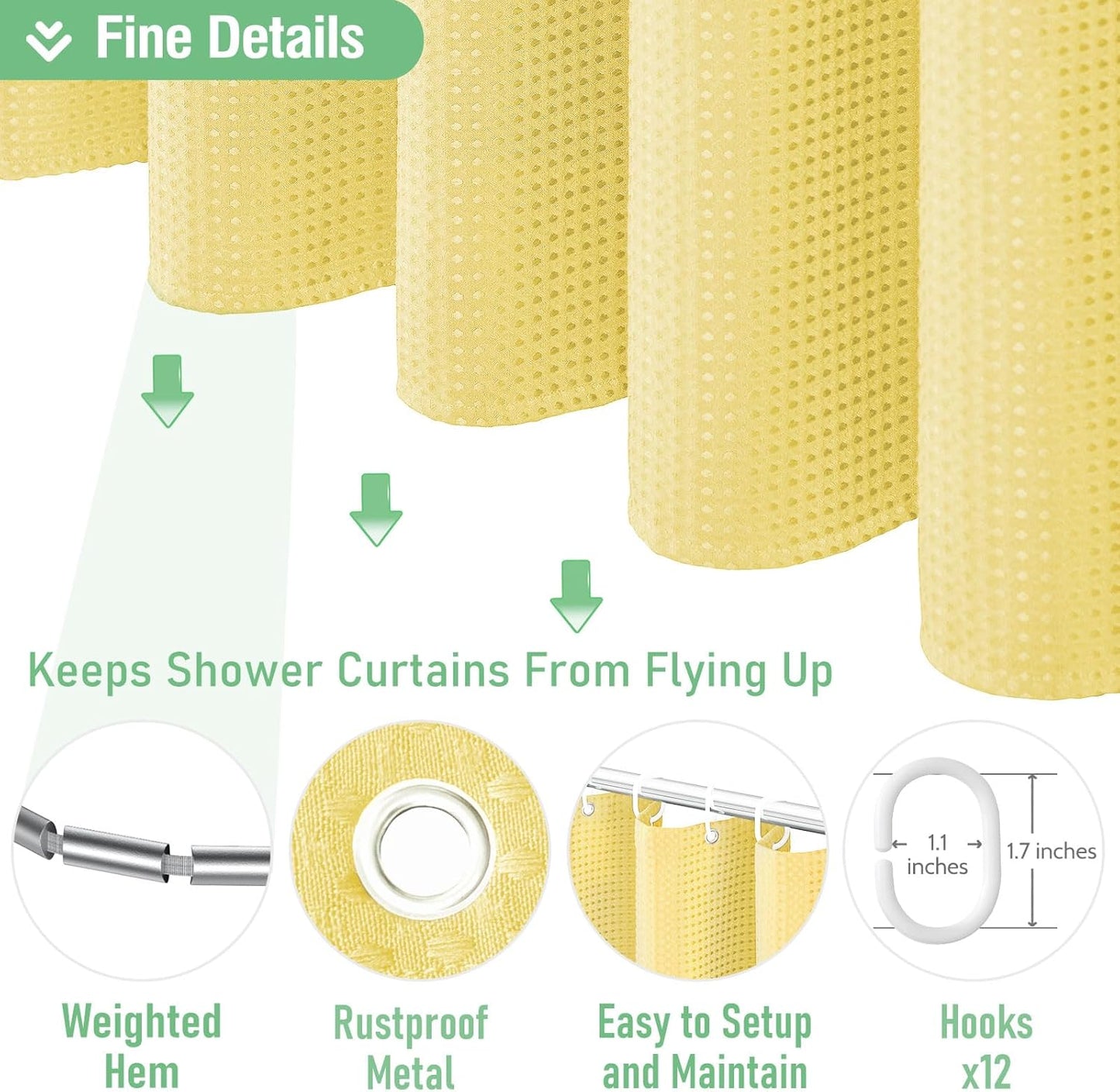 Fabric Shower Curtain - Waffle Weave Weighted Thick Cloth Shower Curtains for Bathroom, Hotel Spa Luxury Bath Curtain Set with 10 Hooks,Yellow