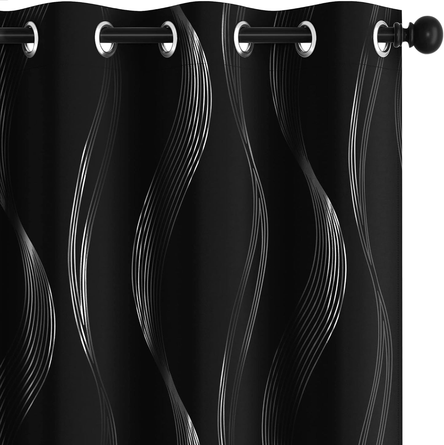 Silver Wave Print Blackout Curtains - Thermal Insulated & Noise‑Reducing Grommet Drapes for Bedroom & Living Room,  2 Panels ,Black