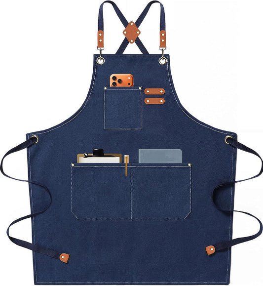 Chef Aprons for Men Women with Oversized Pockets,Cotton Canvas Cross Back Heavy Duty Work Apron,Blue
