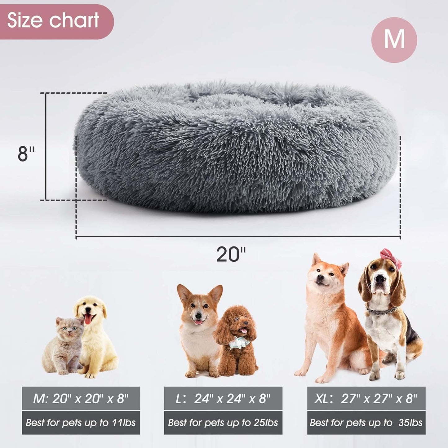 Anti Anxiety Round Fluffy Plush Faux Fur Warm Washable Dog Bed & Cat Bed, Original Bed for Small Medium Large Pets,Dark Grey