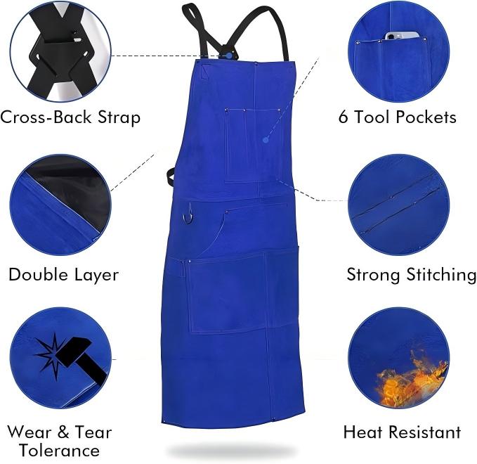 Leather Welding Work Apron with 6 Tool Pockets, Heat & Flame Resistant Welder Aprons, 24" x 36", Adjustable M to XXXL,Blue