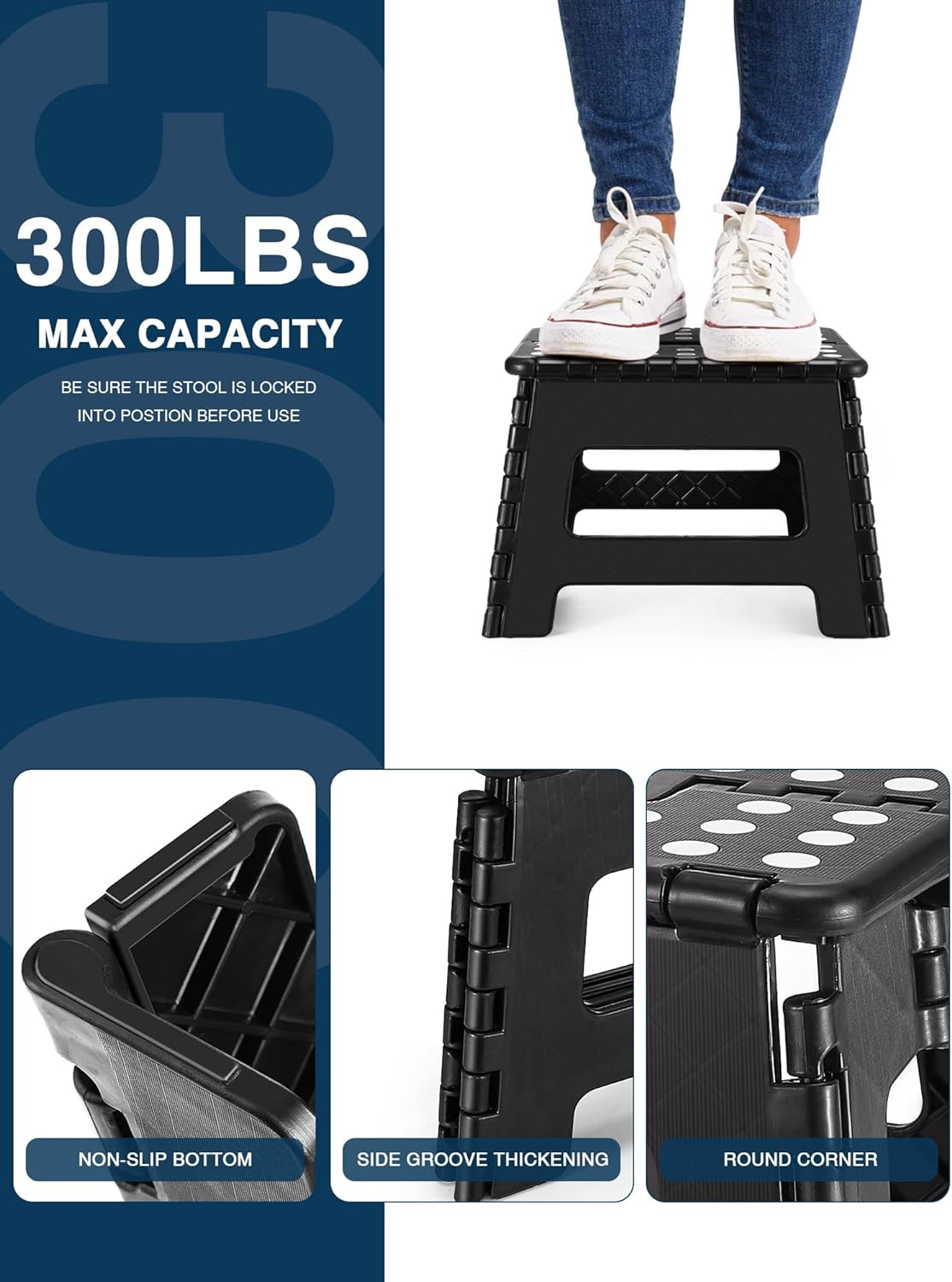 Lightweight, Durable, Foldable Step Stool With Handle, Suitable for Adults& Children, for Kitchens, Bathrooms, Outdoor (Black)