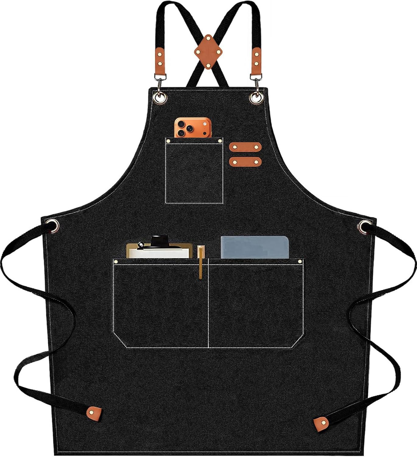 Chef Aprons for Men Women with Oversized Pockets,Cotton Canvas Cross Back Heavy Duty Work Apron,Black