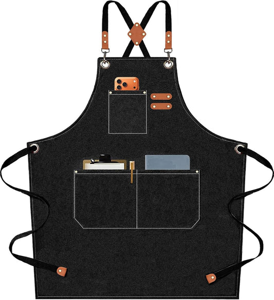Chef Aprons for Men Women with Oversized Pockets,Cotton Canvas Cross Back Heavy Duty Work Apron,Black