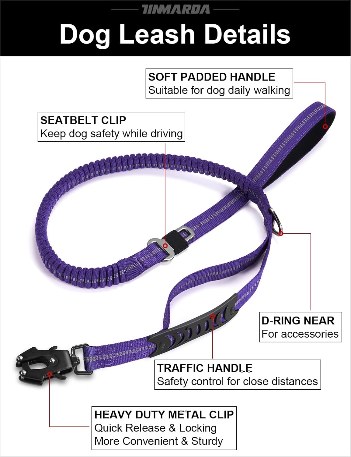 Heavy Duty Dog Leash, 4-6FT Shock Absorbing Dog Leashes with Traffic Handle and Comfortable Padded Handles, Advanced Easy Metal Clip, No Pull Reflective Leash for Medium Large Dogs,Purple