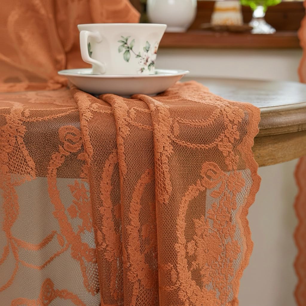 Burnt Orange Lace French Delicacy Curtains -Rod Pocket Luxury Vintage Bow Butterfly Flower Sheer Lace Curtains for Living Room Bedroom