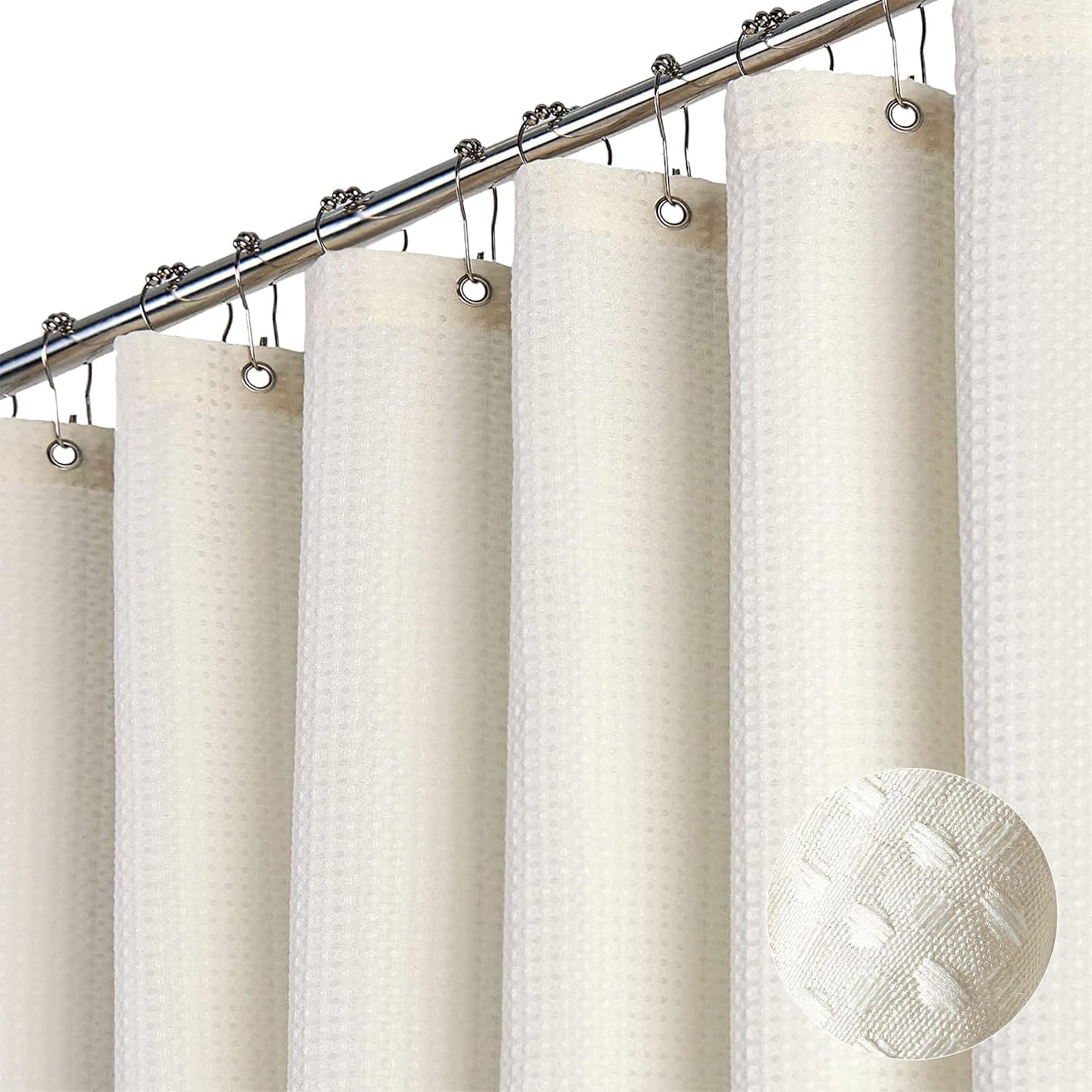 Fabric Shower Curtain - Waffle Weave Weighted Thick Cloth Shower Curtains for Bathroom, Hotel Spa Luxury Bath Curtain Set with 10 Hooks,Ivory