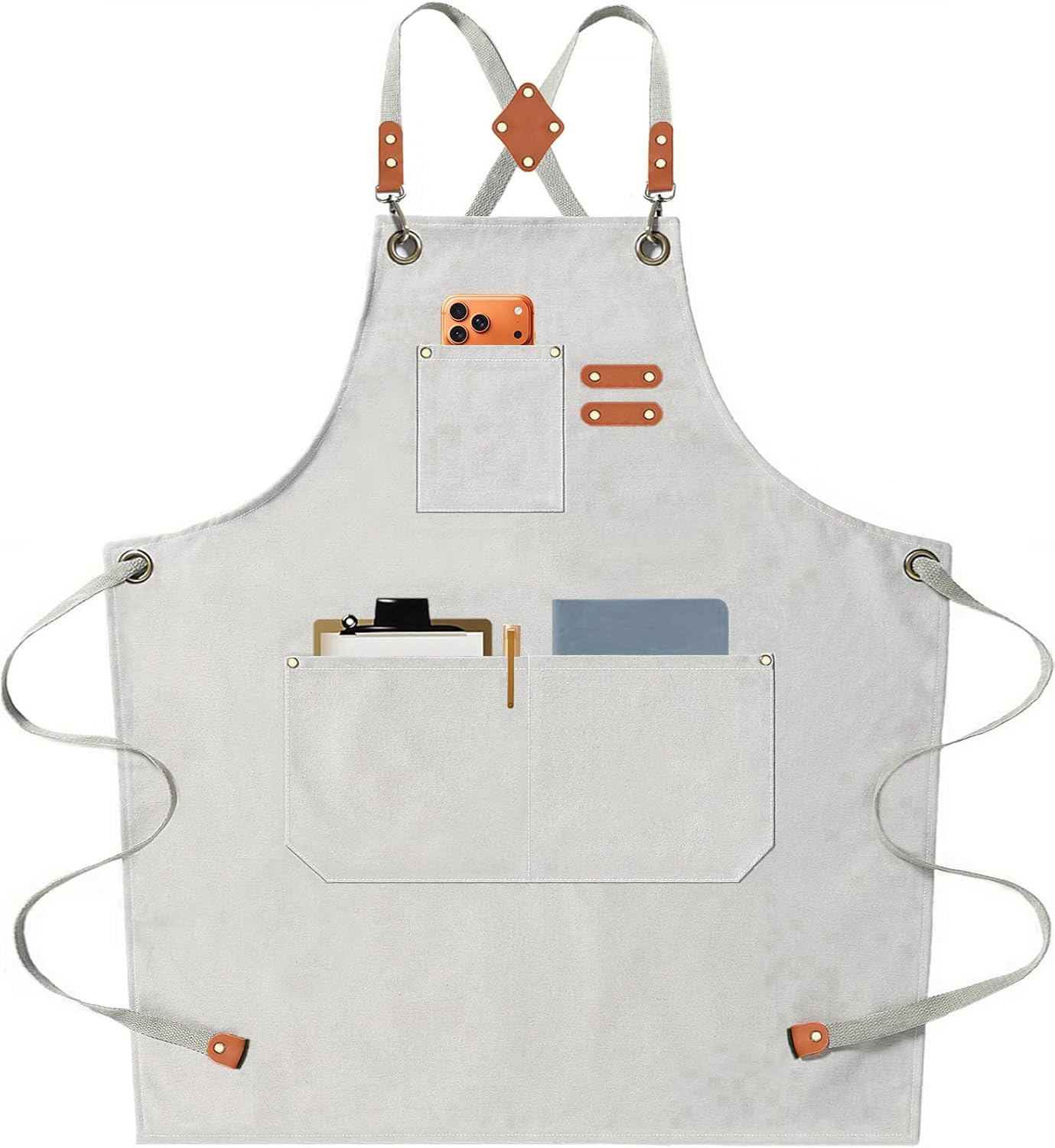 Chef Aprons for Men Women with Oversized Pockets,Cotton Canvas Cross Back Heavy Duty Work Apron,White