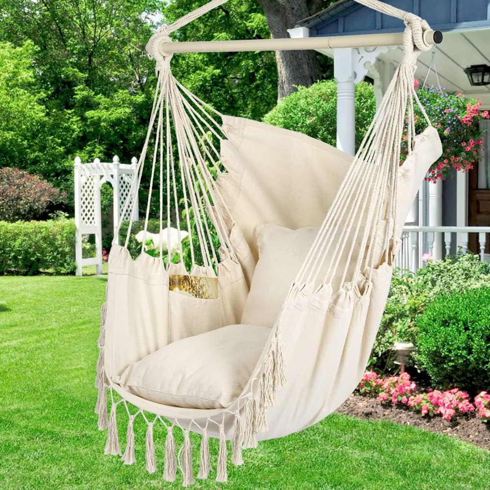 Hammock Chair Hanging Rope Swing, Large Hanging Chair with Pocket and tassels,Cushions for Superior Comfort, with Hardware Kit (Beige)