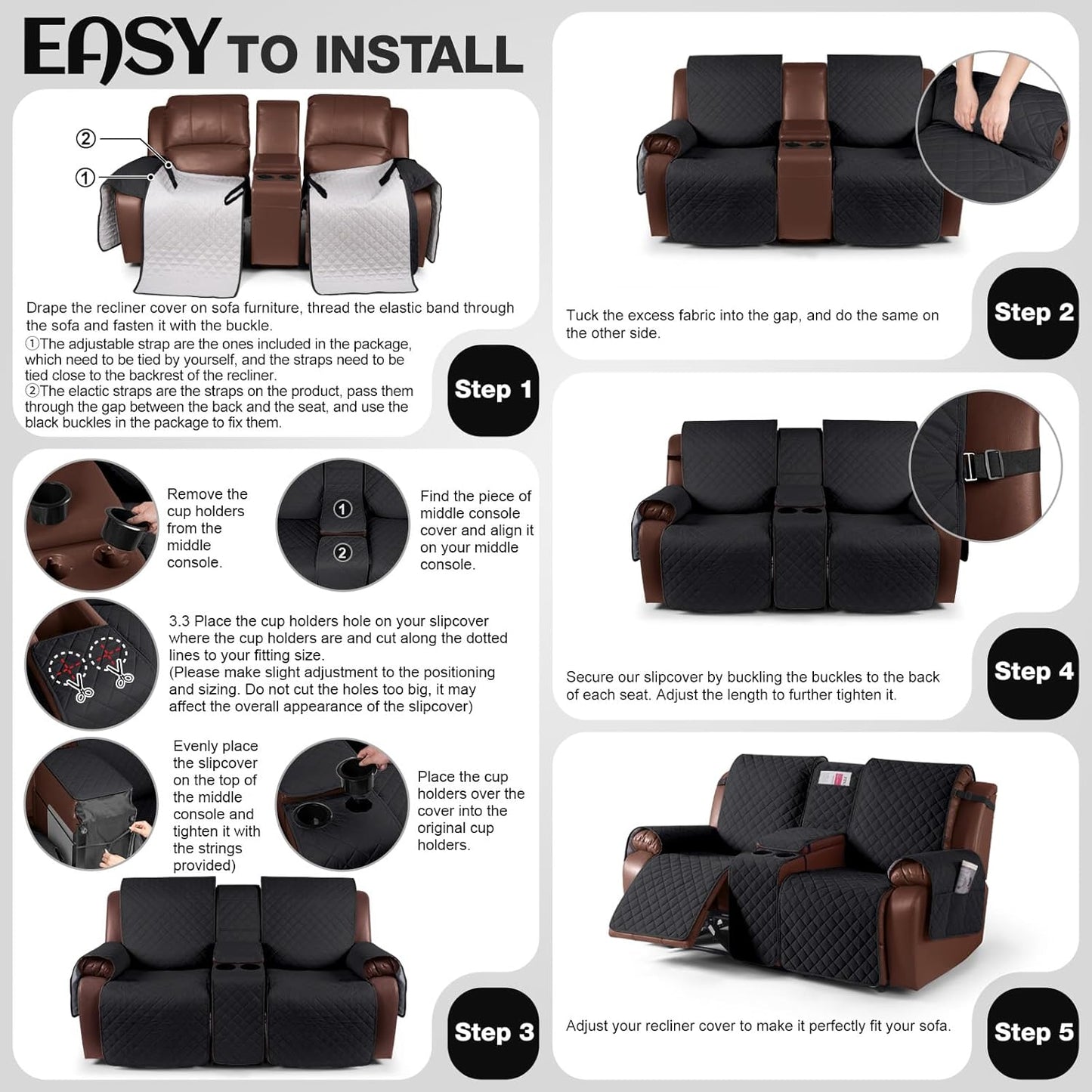 100%Waterproof  with Console, Non-Slip Reclining Couch Covers for 2 Seat, Recliner Sofa Cover Furniture Protector with Elastic Straps for Kids, Pets,Black