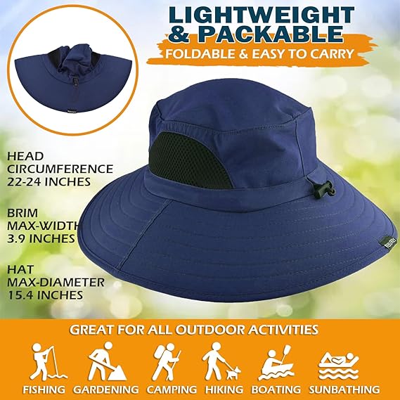 Unisex Sun Hat, Waterproof Wide Brim Bucket Hat Packable Boonie Hat for Fishing Hiking Gardening Safari Beach,Navy