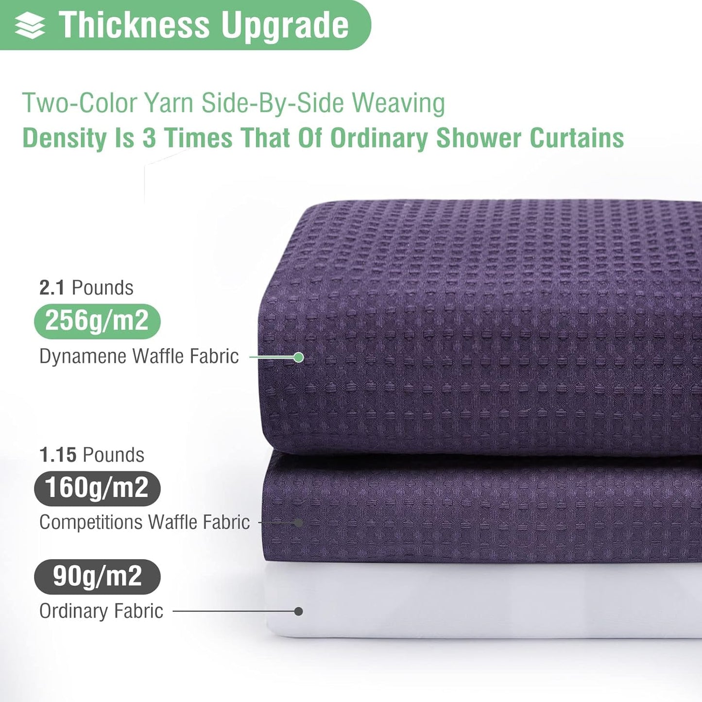 Fabric Shower Curtain - Waffle Weave Weighted Thick Cloth Shower Curtains for Bathroom, Hotel Spa Luxury Bath Curtain Set with 10 Hooks,Purple