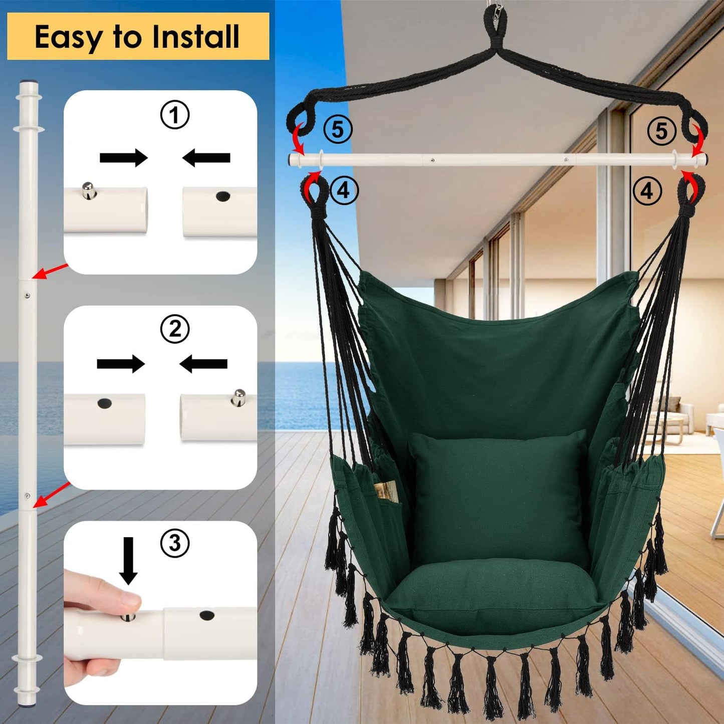 Hammock Chair Hanging Rope Swing, Large Hanging Chair with Pocket and tassels,Cushions for Superior Comfort, with Hardware Kit (GREEN)