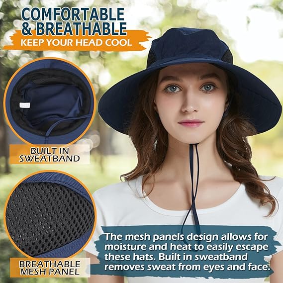Unisex Sun Hat, Waterproof Wide Brim Bucket Hat Packable Boonie Hat for Fishing Hiking Gardening Safari Beach,Navy