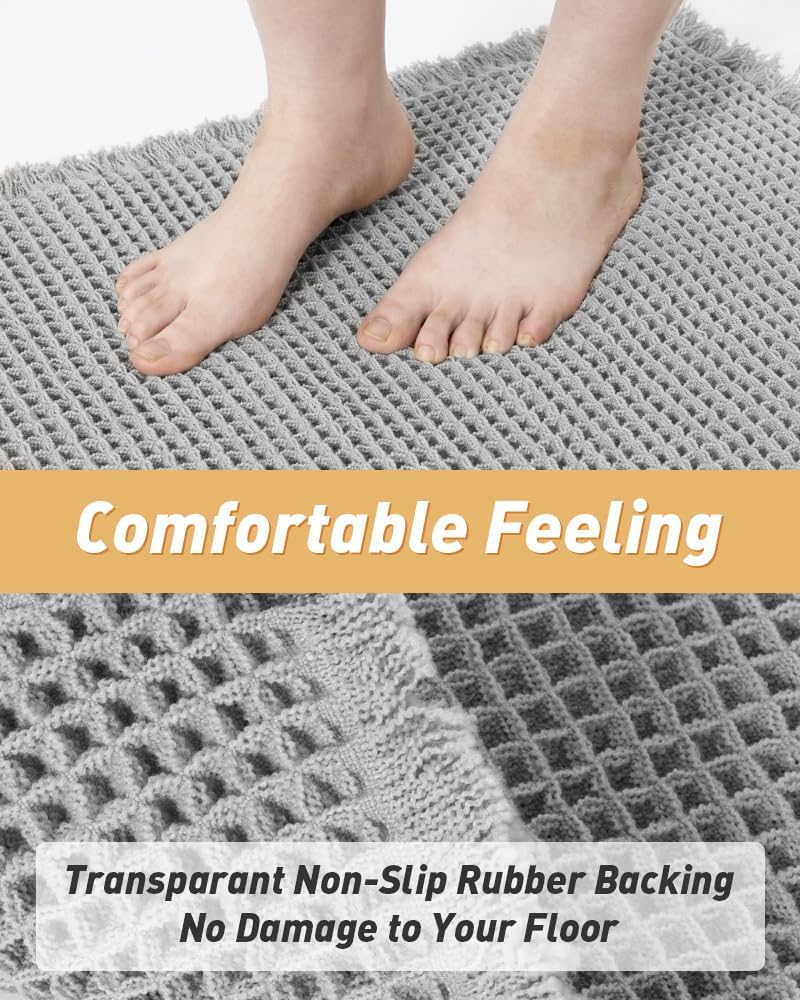 Waffle Bath Mat, Super Absorbent Non Slip Bath Mats for Bathroom Floor, Machine Washable Bathroom Rugs with Tassels,Ultra Soft,Grey