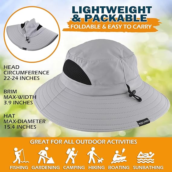 Unisex Sun Hat, Waterproof Wide Brim Bucket Hat Packable Boonie Hat for Fishing Hiking Gardening Safari Beach,Light Grey
